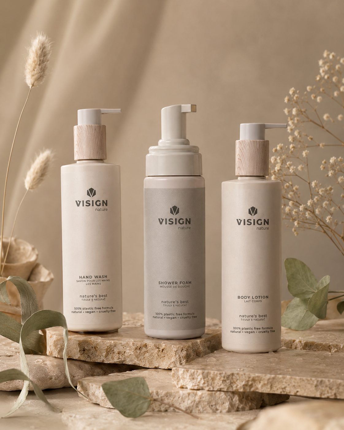 Nature's Best hand wash, shower foam and body lotion on travertine stone